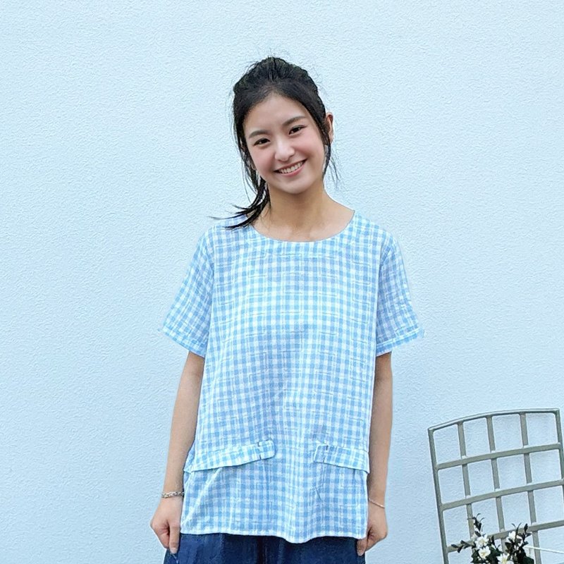 Hana Mokuba 清新圓領格紋上衣 - 女上衣/長袖上衣 - 其他材質 