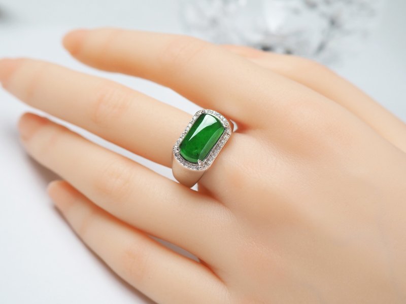 Luyang | Ice-grown genuine green jadeite | Natural grade A jadeite ring - แหวนทั่วไป - หยก สีเขียว