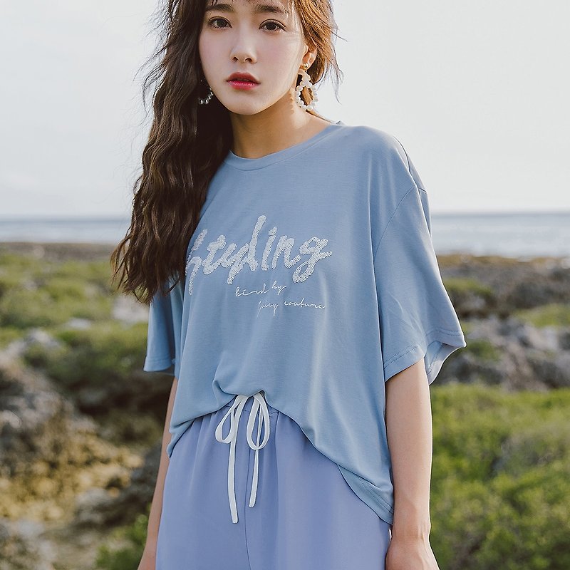 Anne Chen 2018 summer new style art women's sequins embroidery round neck T-shirt - Women's T-Shirts - Other Materials Blue