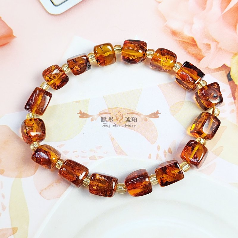 騰彪琥珀 天然琥珀蜜蠟 紅花琥珀 入門小品 糖果形 單圈手鍊 - 手鍊/手環 - 寶石 橘色
