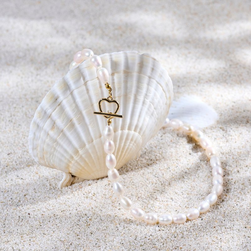 天然白色米型淡水珍珠項鍊 6–7mm 金色愛心扣溫柔甜美情人節禮物 - 項鍊 - 珍珠 白色