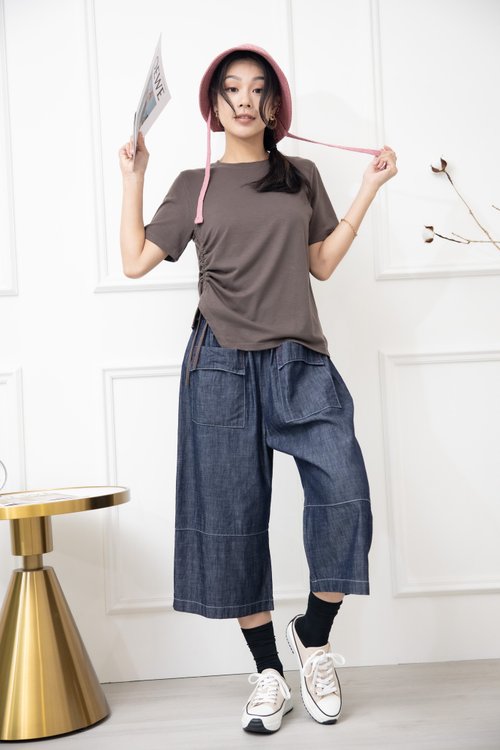Meya 編縫編織 抽繩短袖上衣 棕色