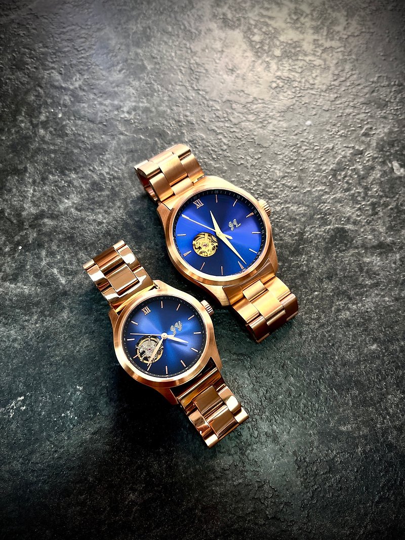 Dream Gold Blue Metal Embossed Dial / Japanese Mechanical Watch / Skeleton Movement - นาฬิกาคู่ - สแตนเลส 