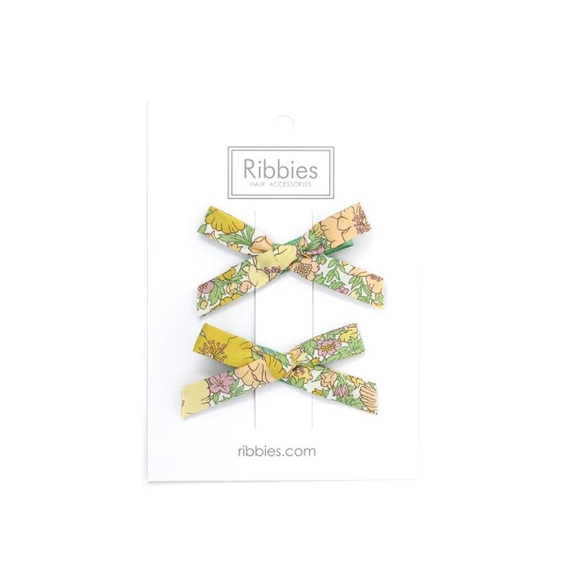 英國Ribbies 花布蝴蝶結2入組-草原之歌-芥末黃綠 - 髮夾/髮圈 - 聚酯纖維 