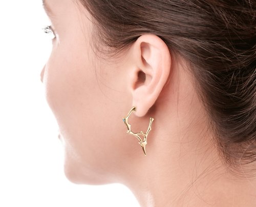 Majade Jewelry Design 藍托帕石925純銀圈型耳環 尖刺哥特耳環 分支刺形女巫樹枝型耳環
