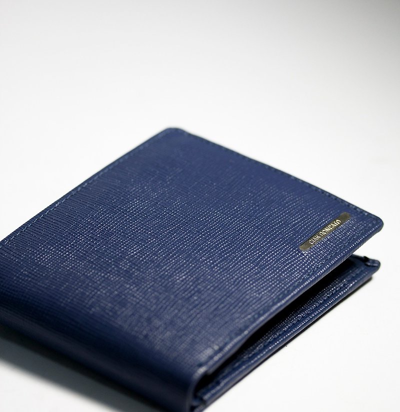 ITA BOTTEGA OPERA navy blue leather cross pattern two fold 掀 short clip - กระเป๋าสตางค์ - หนังแท้ สีน้ำเงิน