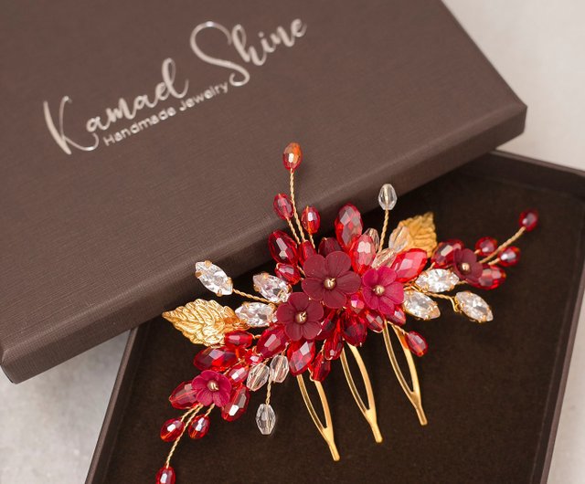 Dark red gold floral hair comb Burgundy flower hair piece for wedding hairstyle