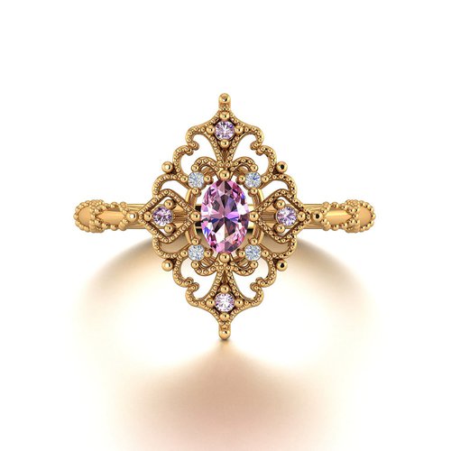 Purplemay Jewellery 【復古系列】18K金復古感雕刻戒指 天然粉紅藍寶石鑲鑽戒指 R053