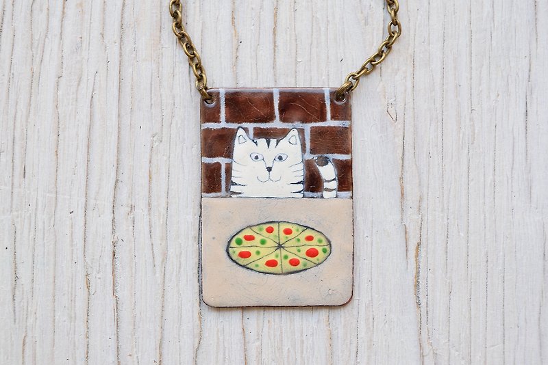 Pizza and Cat, Pizzeria, Cat Necklace, Enamel Necklace, White Cat, Restaurant - Necklaces - Enamel Brown