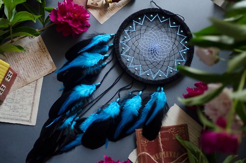 VIDADREAMS Handmade Blue Black Teal Dream Catcher with Turquoise Beads