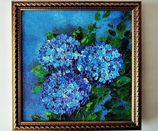 青い花の絵画 サイン入り フレーム付き　油絵 青い花の絵画 サイン入り フレーム付き 油絵 絵画