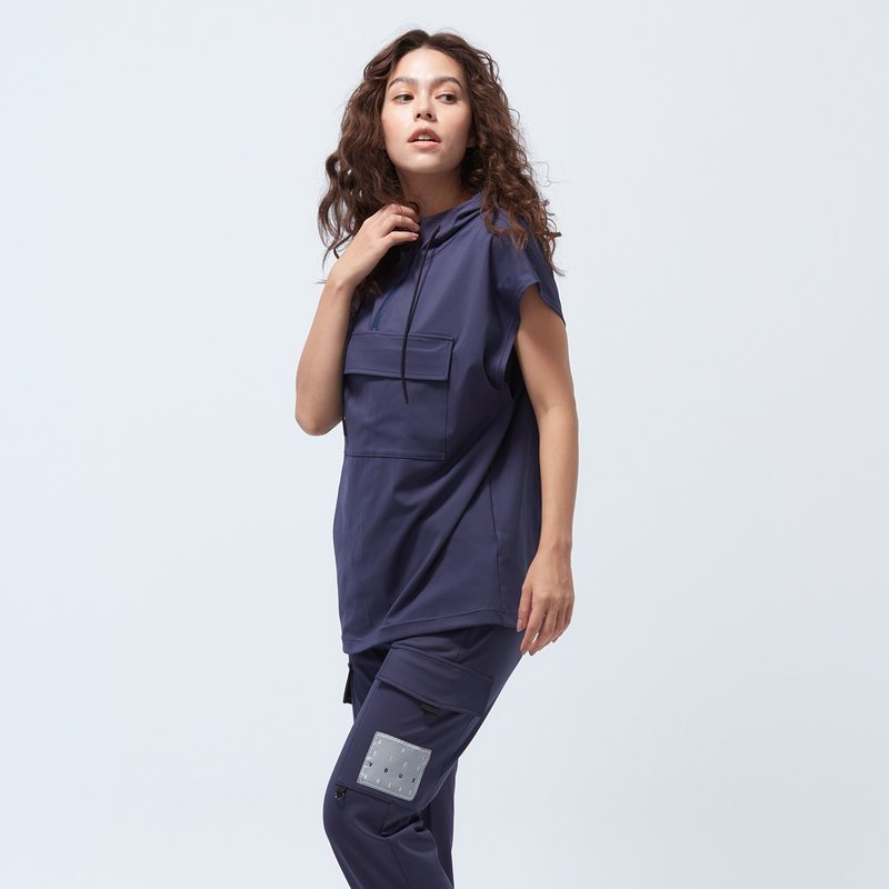 REBOOT-Revitalizing Logo Pocket Hoodie Vest - Night Shadow Grey - เสื้อผู้หญิง - เส้นใยสังเคราะห์ สีน้ำเงิน