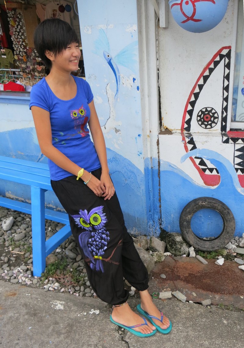 手染めコットンフクロウ塗装リネンパンツ（ニュートラルスタイル/パンツ/パンツ） - パンツ ユニセックス - コットン・麻 多色