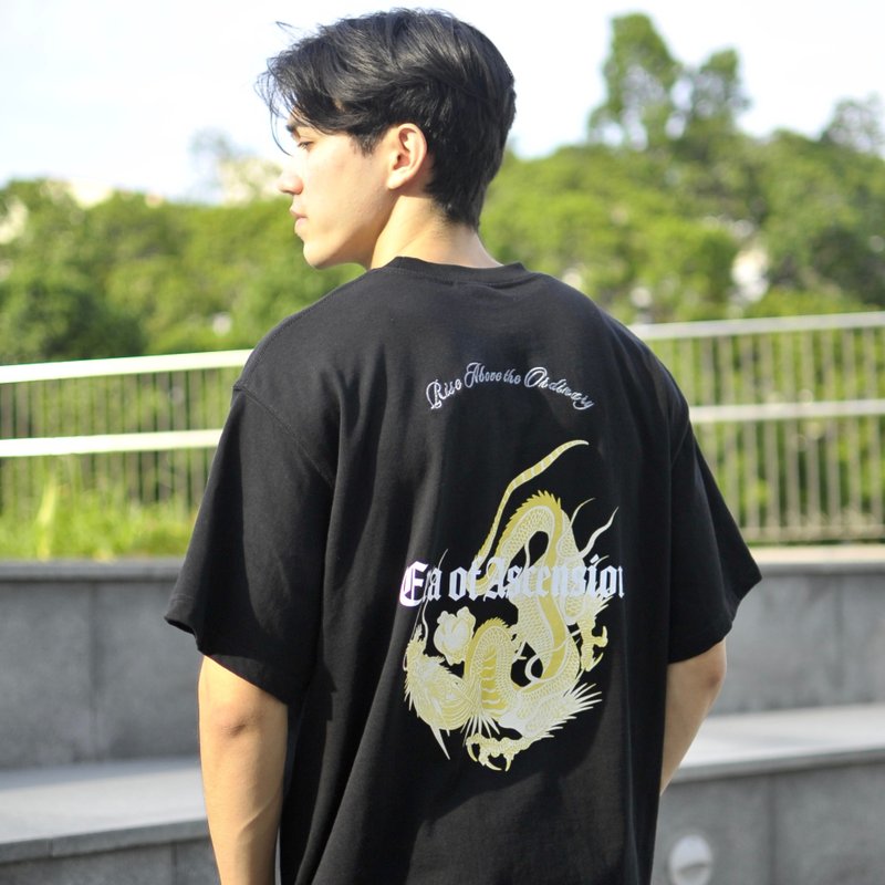 Rising Dragon Black Tide Heavyweight Drop-Shoulder Tee - เสื้อยืดผู้ชาย - ผ้าฝ้าย/ผ้าลินิน สีดำ