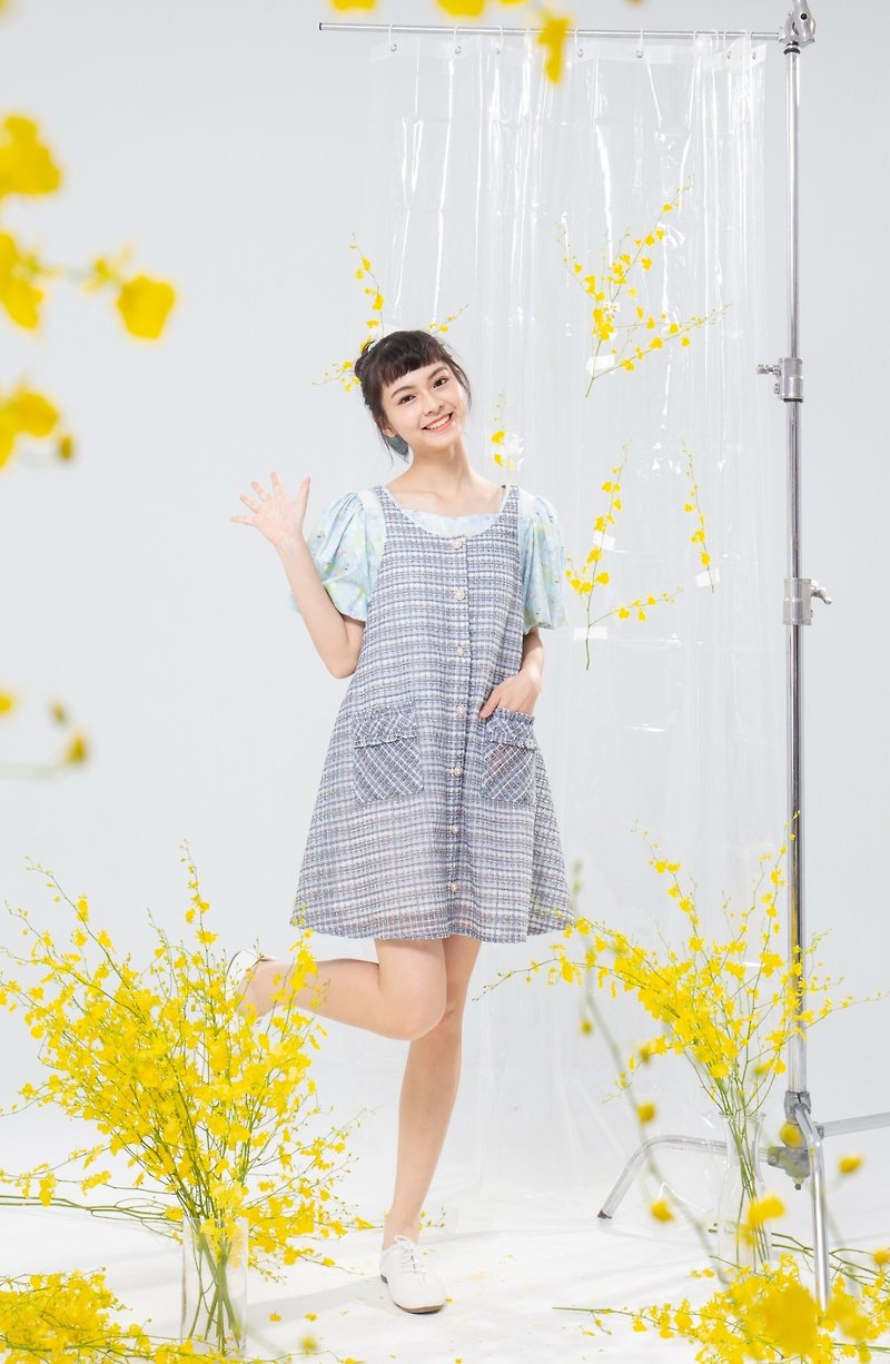 [Poli Printing] Summer School Girl Pocket Vest Dress Hokkaido Hegu Color SL - ชุดเดรส - ผ้าฝ้าย/ผ้าลินิน สีเทา
