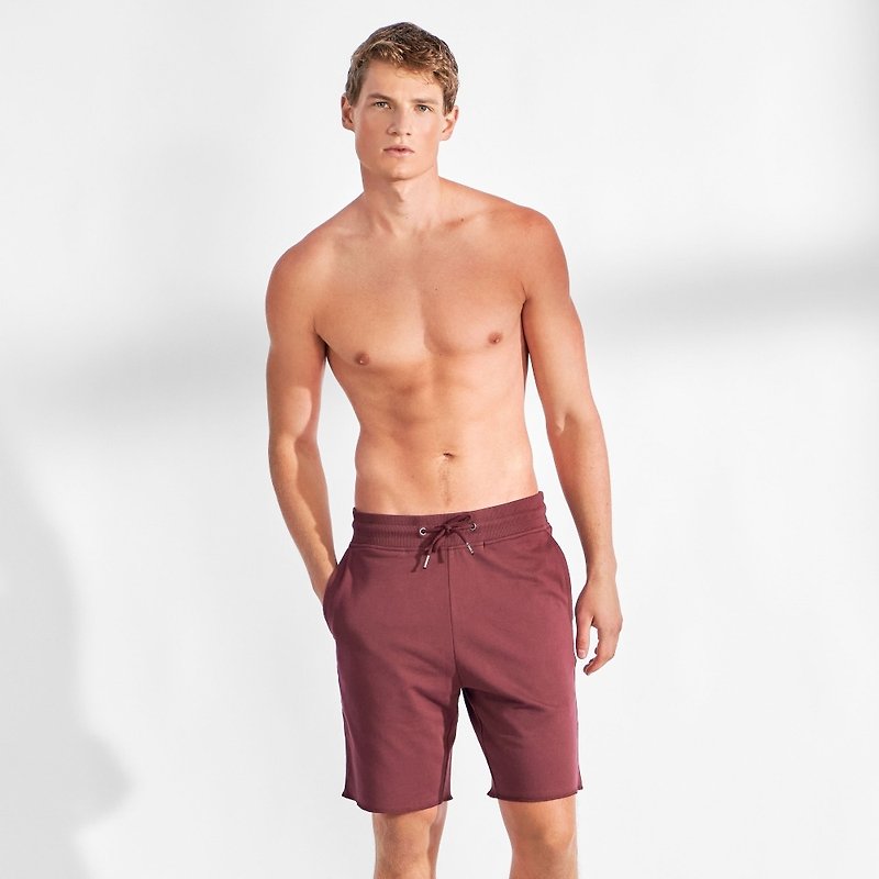 Bread & Boxers Lounge Short Men's Pure Organic Cotton Shorts - Burgundy Red - กางเกงขาสั้น - ผ้าฝ้าย/ผ้าลินิน สีแดง