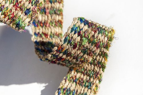 omhandmade 手工編織棉麻腰帶 手工梭織皮帶-藍綠彩虹星辰條紋 手捻紗麗絲線
