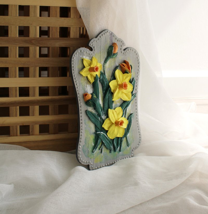 Yellow daffodils original painting, textured wall art, farmhouse wall decor - 壁貼/牆壁裝飾 - 其他材質 