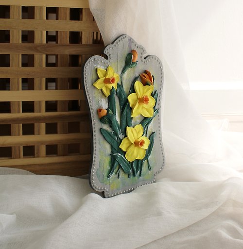 YulArtStudio Yellow daffodils original painting, textured wall art, farmhouse wall decor