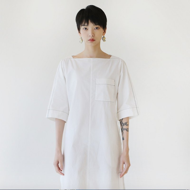KOOW Lighthouse Line Pocket Pocket Sleeve Dress White Skirt - ชุดเดรส - ผ้าฝ้าย/ผ้าลินิน 