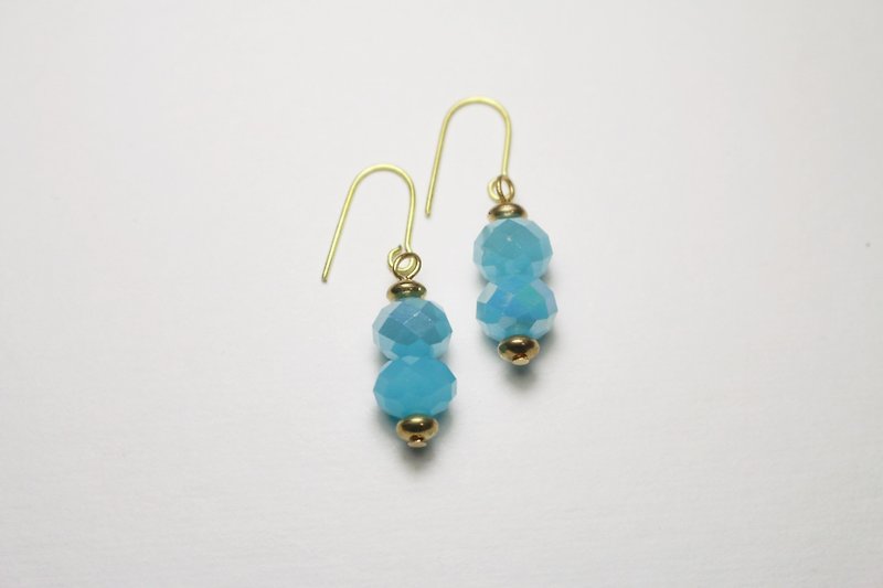 // Glass Crystal Double Beads Series Earrings Haibao Blue // Slightly Discounted - ต่างหู - แก้ว สีน้ำเงิน