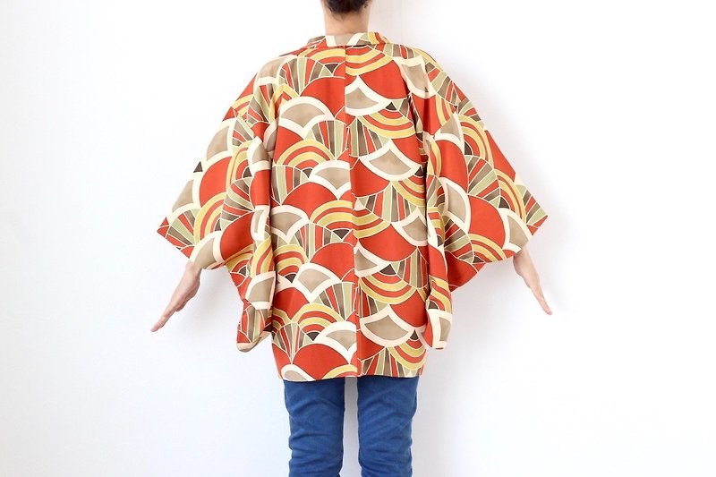 Seigaiha wave kimono, haori jacket, traditional kimono, exotic /4020 - เสื้อแจ็คเก็ต - เส้นใยสังเคราะห์ สีส้ม