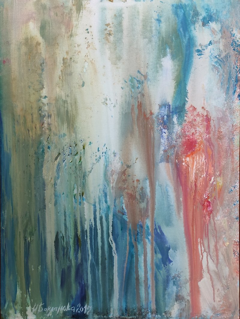 雨の下でストリーム抽象オリジナル絵画現代瞑想ウォールアート - ウォールデコ・壁紙 - その他の素材 ブルー