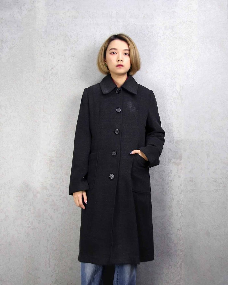 Tsubasa.Y 古着屋018 vintage wool grey coat, wool wool long coat - Women's Casual & Functional Jackets - Wool Gray