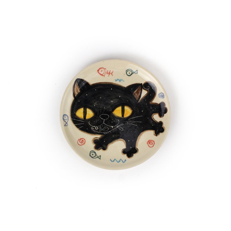 Nice Little Clay Handmade Shallow Black Cat 0303-60 - จานเล็ก - ดินเผา ขาว