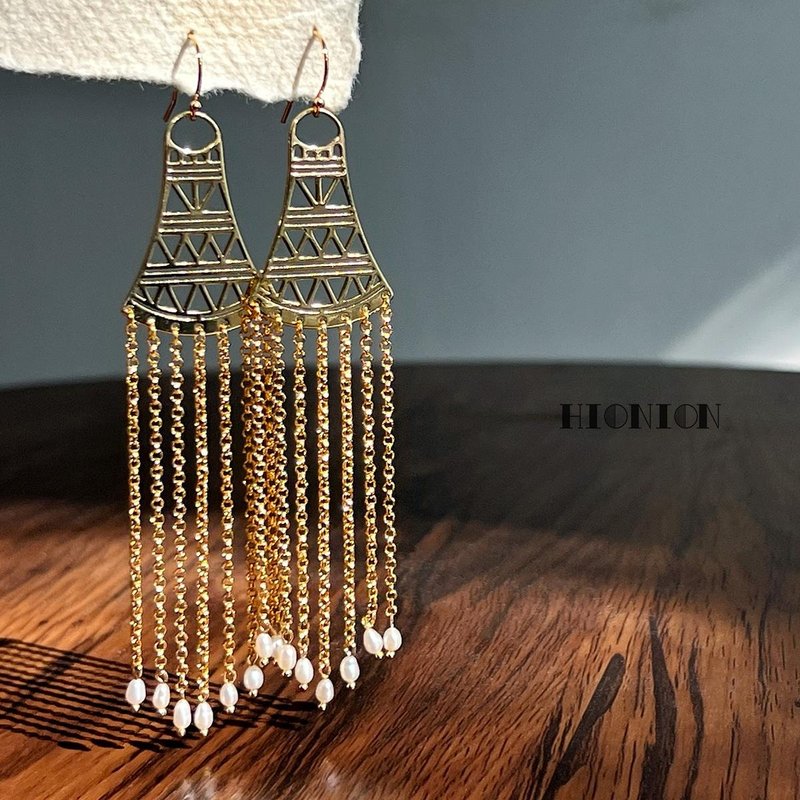 Hi Onion original design Nefertari niche long tassel earrings ear clip pearl earrings retro - Earrings & Clip-ons - Other Materials 