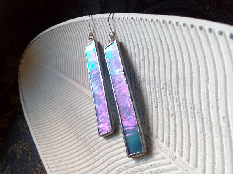 玻璃耳環 幾何 Iridescent glass mosaic earrings. stained glass cute rectangle earrings. - 耳環/耳夾/耳骨夾 - 玻璃 藍色