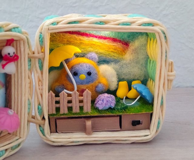 ジオラマ　ハンドメイド ミニチュアハウス ledライト付き ジオラマ クラフトバンド 小さなかご