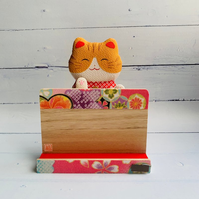 招き猫カードスタンドを振る-ぶち猫-ソーラー - 置物 - 木製 