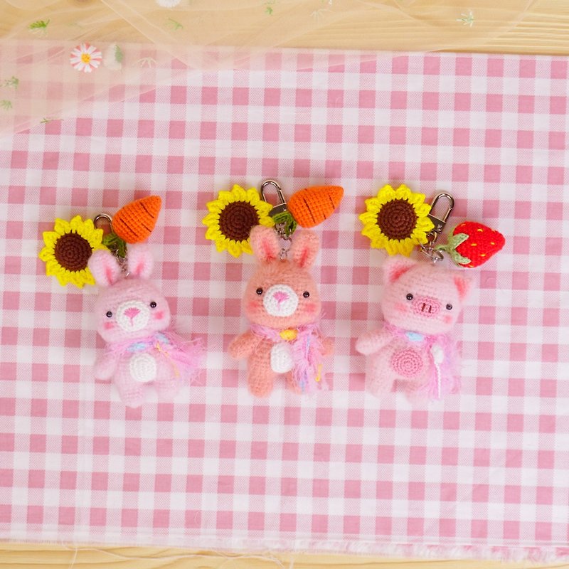 pink pig rabbit crochet doll  keyring keychain bag charm handmade gift - Keychains - Cotton & Hemp Pink