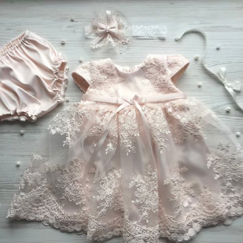 V.I.Angel Light pink dress with lace and pearls, panties and headband for baby girl.