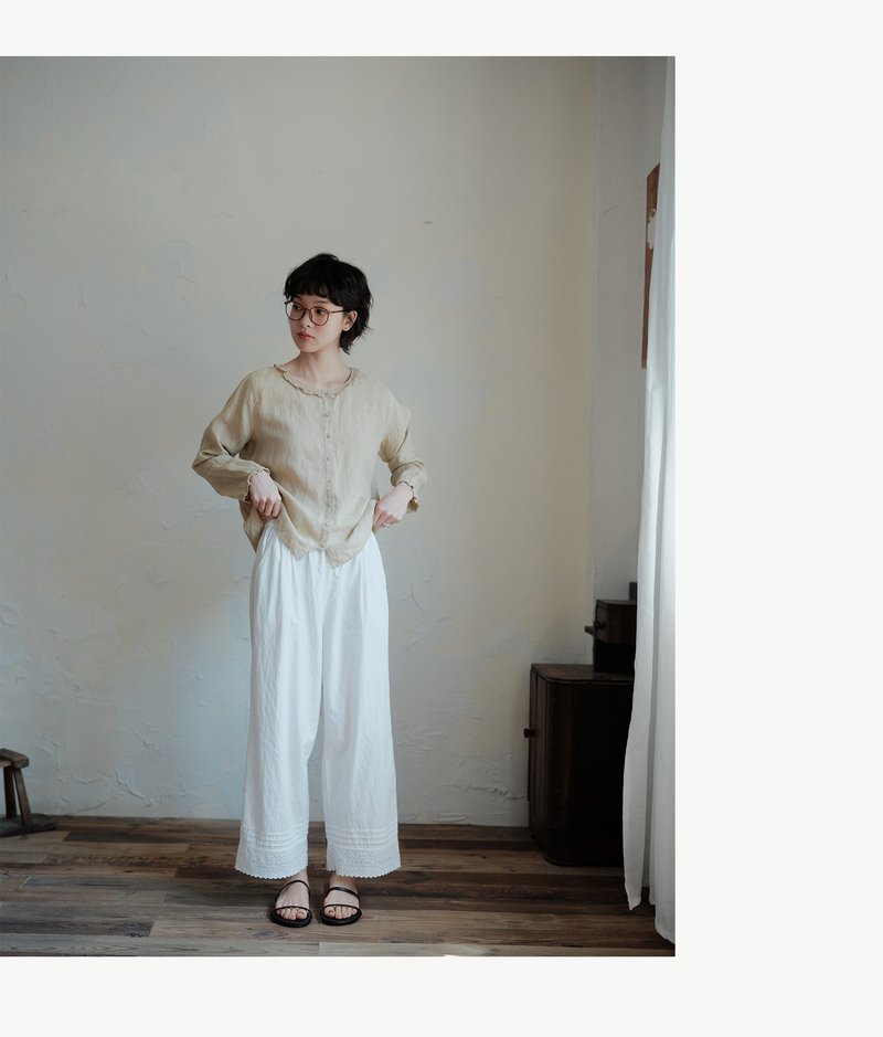 純棉白色花邊拼接直筒褲 - 女長褲 - 棉．麻 多色