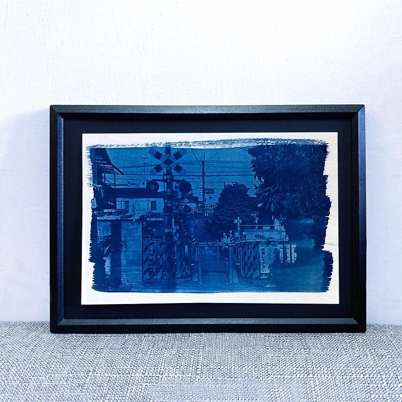 Framed Handmade Blueprint Art Paint, Cyanotype Art on Japanese Paper, Street - โปสเตอร์ - กระดาษ สีน้ำเงิน