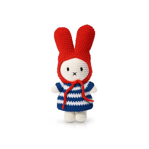 法國爸爸 x miffy 荷蘭Miffy米飛兔【miffy&藍白粗條紋洋裝+兔兔紅帽】純棉鉤針娃娃