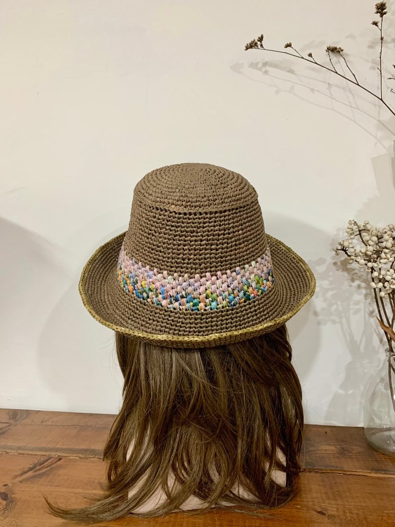 Handmade long bucket hat. Dark coffee/pink, orange and blue section dye. Sun hat, paper hat - Hats & Caps - Paper 