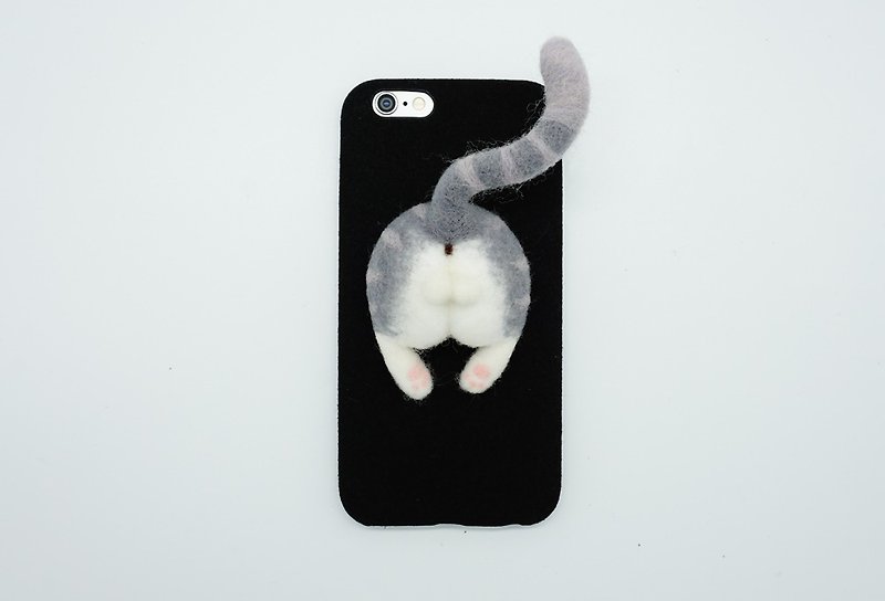 Needle Felting Tabby Cat's Butt Phone Case Wool Felt Light Gray Tabby Cat Ass - เคส/ซองมือถือ - ขนแกะ สีเทา