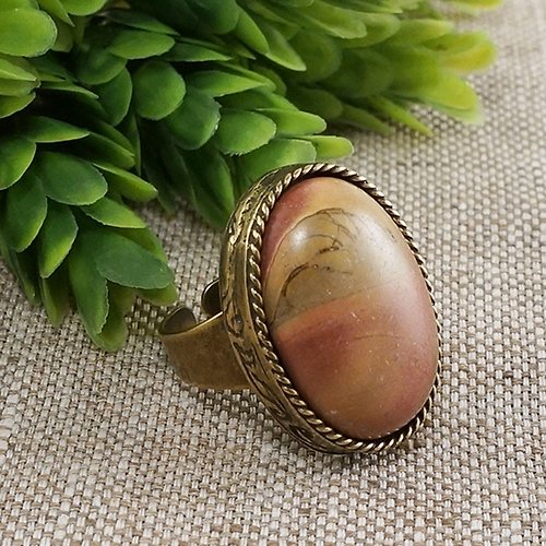 AGATIX Picasso Jasper Adjustable Ring Large Boho Ethnic Oval Brass Ring Woman Jewelry