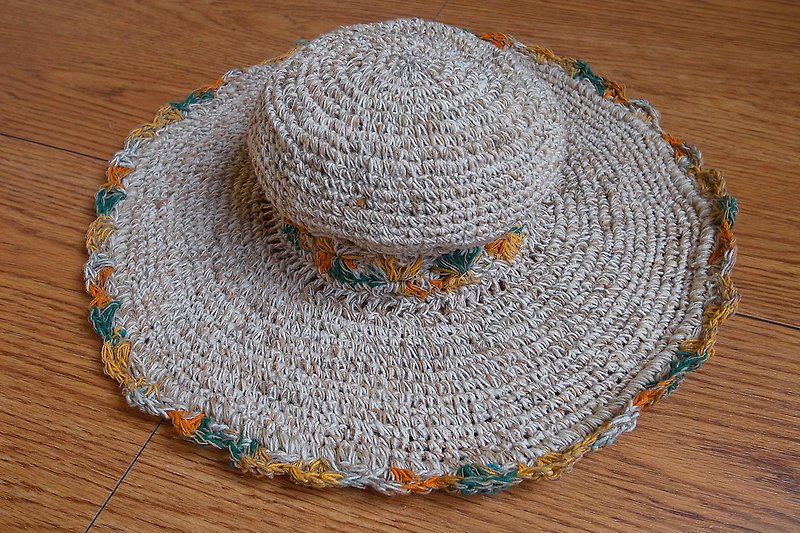 Handmade Hand-woven Hemp and Cotton Hat with adjustable edges, Summer hat - หมวก - ผ้าฝ้าย/ผ้าลินิน สีส้ม
