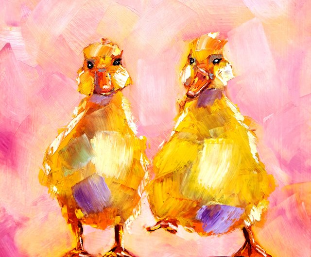 イエローアヒルの油絵 アヒル オリジナルアート 友情 壁アート 動物