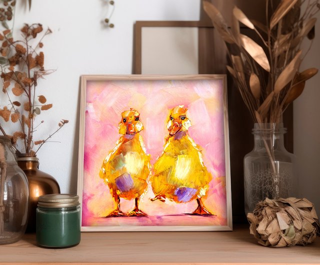 イエローアヒルの油絵 アヒル オリジナルアート 友情 壁アート 動物