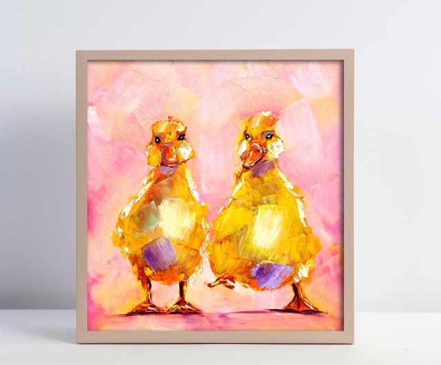 イエローアヒルの油絵 アヒル オリジナルアート 友情 壁アート 動物