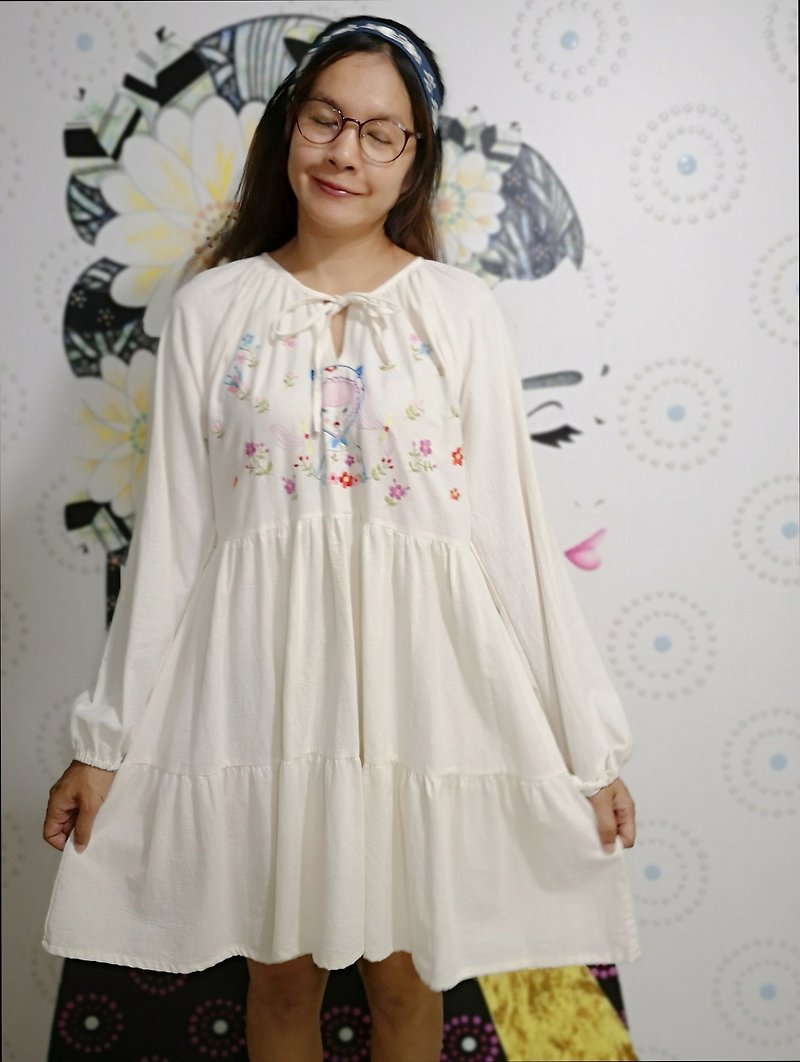 Cotton dress, cream color, cute shape, embroidered by hand. Girl wearing a cat headdress, flower lover - One Piece Dresses - Thread 
