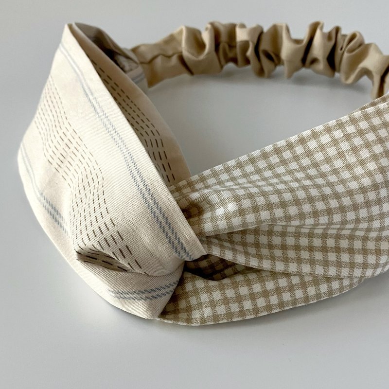 Beige dotted plaid handmade hairband pure cotton cross hairband breathable earth tone elegant - เครื่องประดับผม - ผ้าฝ้าย/ผ้าลินิน สีกากี