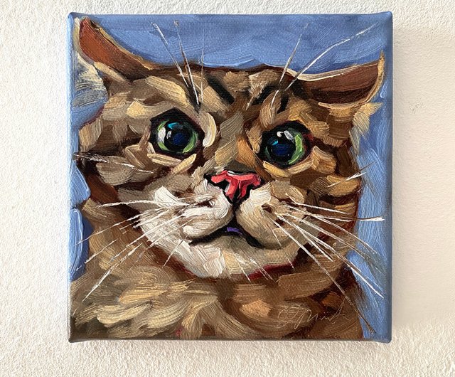 猫の肖像画 オリジナルペットアートワーク 油絵キャンバス 6x6