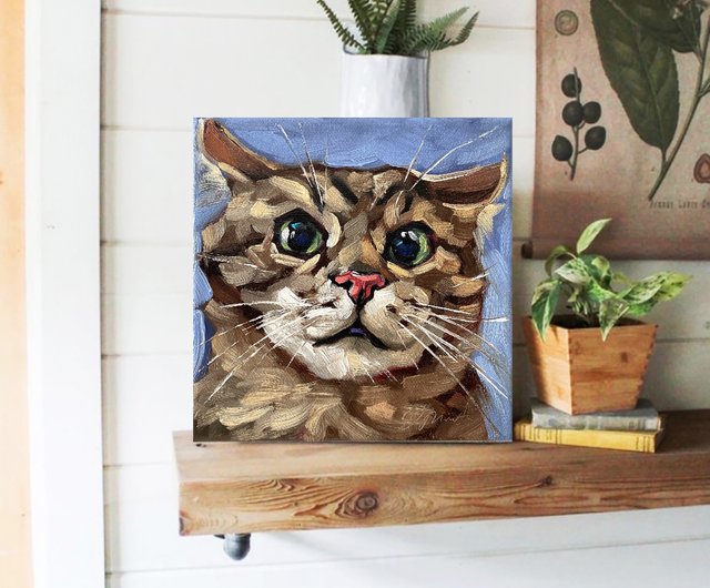 猫の肖像画 オリジナルペットアートワーク 油絵キャンバス 6x6