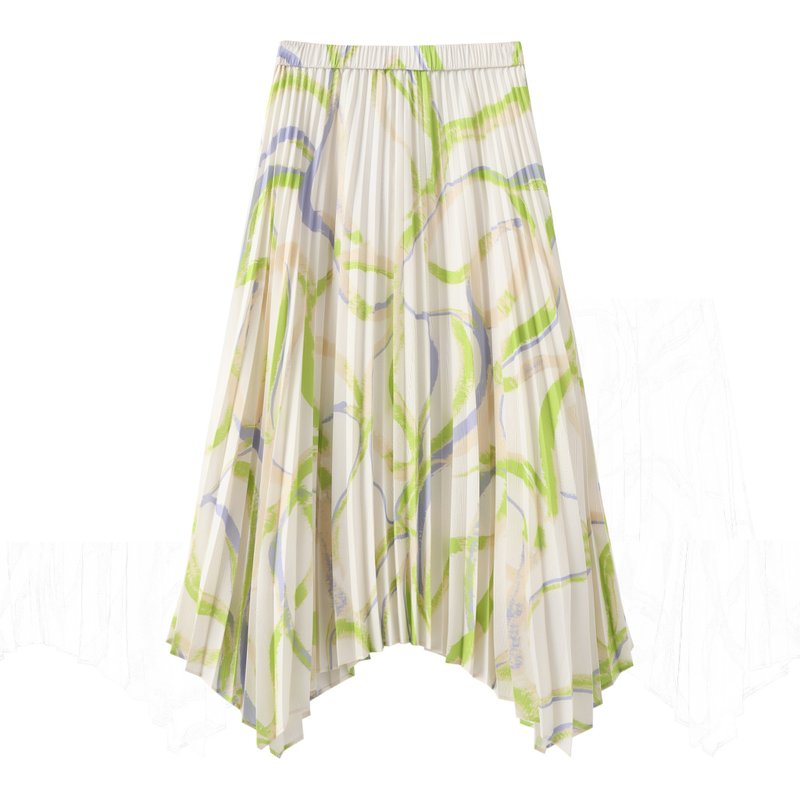 Geometric print elastic irregular hem pleated skirt - กระโปรง - วัสดุอื่นๆ สีเขียว